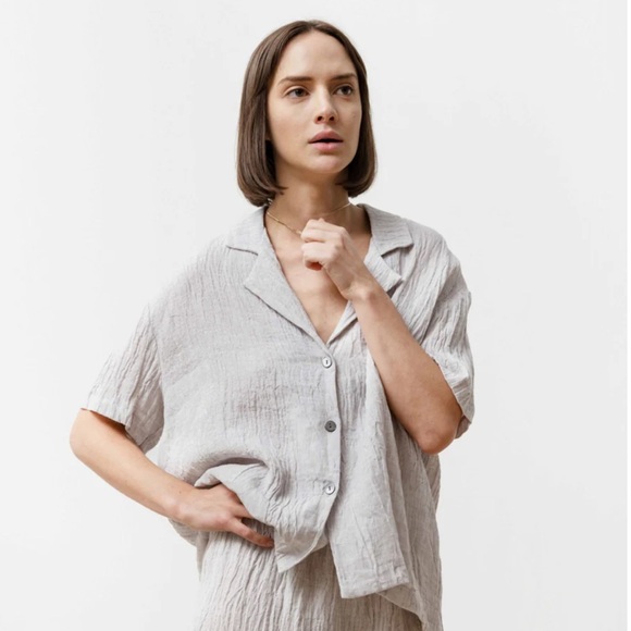 PRIORY Bowling Shirt in Silver Linen Size M/L - Picture 2 of 6